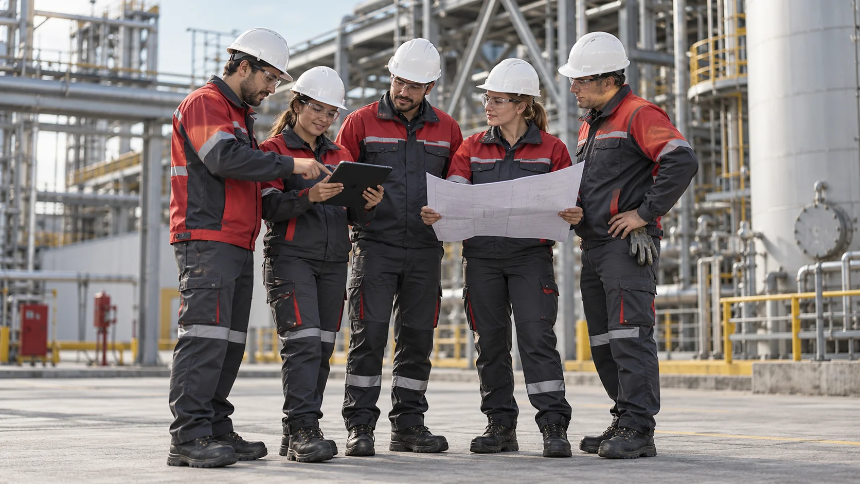 Imagen referencial de un equipo de profesionales industriales coordinando un trabajo