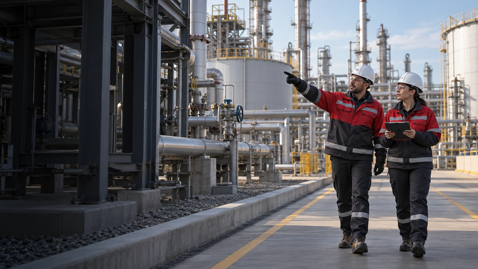 Profesionales revisando condiciones de seguridad en una instalación industrial